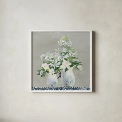 Late Summer Bouquet III with Tile by Julia Purinton. Shown in a crisp white glass frame for a clean and minimalist style. Available as an archival giclee rolled canvas, fine art paper, or poster print. SKU 55516a.