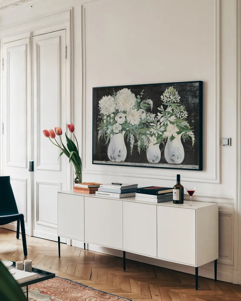 Late Summer Bouquet IV by Julia Purinton. shown as a framed stretched canvas in a living room above a console. Available as a archival giclee rolled canvas, fine art paper, or poster print. SKU 79200i.