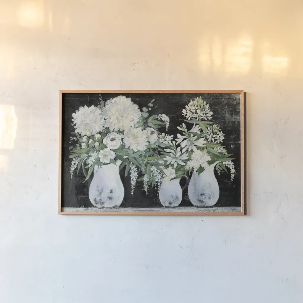 Late Summer Bouquet IV by Julia Purinton. shown as a paper print in a natural frame. Available as a archival giclee rolled canvas, fine art paper, or poster print. SKU 79200i.