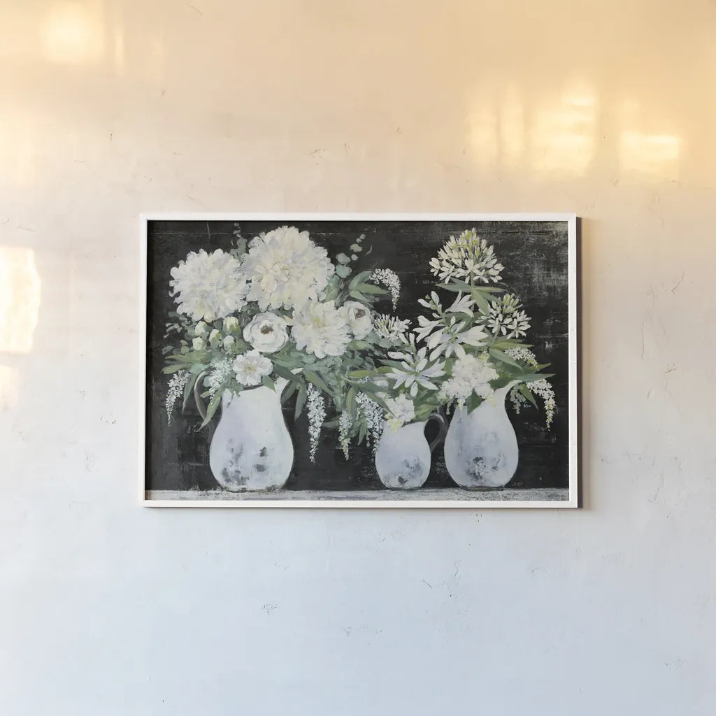 Late Summer Bouquet IV by Julia Purinton. shown as a paper print in a white frame. Available as a archival giclee rolled canvas, fine art paper, or poster print. SKU 79200i.