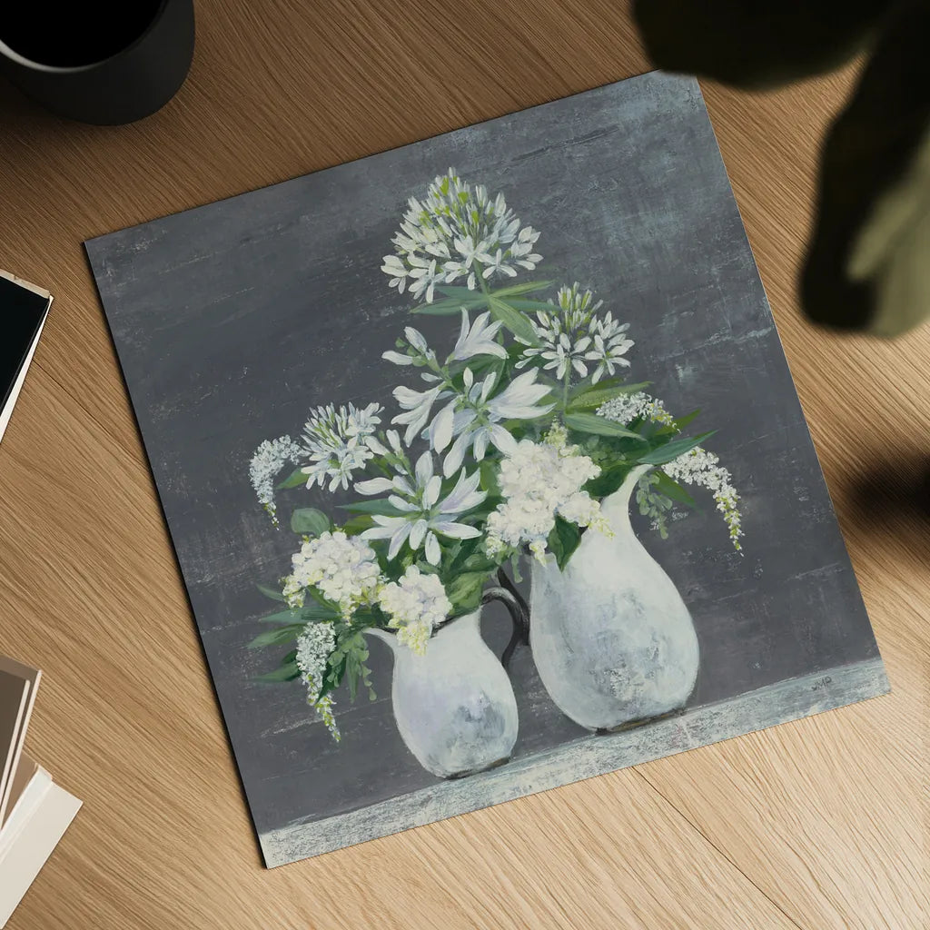 Later Summer Bouquet III White Vase by Julia Purinton. Shown as a detailed flat fine art print, highlighting archival giclee quality. Available as an archival giclee rolled canvas, fine art paper, or poster print. SKU 49537a.