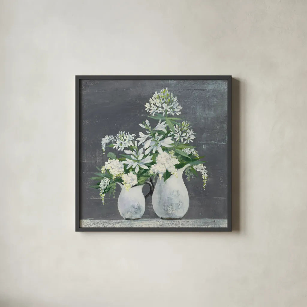 Later Summer Bouquet III White Vase by Julia Purinton. Shown in a sleek black glass frame for a contemporary gallery look. Available as an archival giclee rolled canvas, fine art paper, or poster print. SKU 49537a.