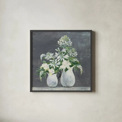 Later Summer Bouquet III White Vase by Julia Purinton. Shown in a sleek black glass frame for a contemporary gallery look. Available as an archival giclee rolled canvas, fine art paper, or poster print. SKU 49537a.