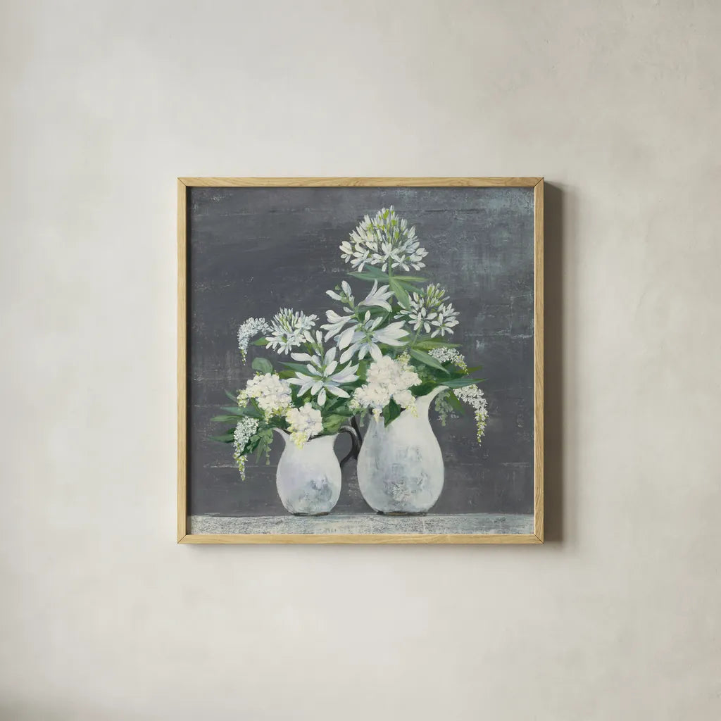 Later Summer Bouquet III White Vase by Julia Purinton. Shown in a natural wood glass frame for a timeless modern aesthetic. Available as an archival giclee rolled canvas, fine art paper, or poster print. SKU 49537a.