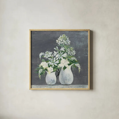 Later Summer Bouquet III White Vase by Julia Purinton. Shown in a natural wood glass frame for a timeless modern aesthetic. Available as an archival giclee rolled canvas, fine art paper, or poster print. SKU 49537a.
