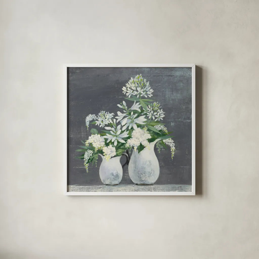 Later Summer Bouquet III White Vase by Julia Purinton. Shown in a crisp white glass frame for a clean and minimalist style. Available as an archival giclee rolled canvas, fine art paper, or poster print. SKU 49537a.