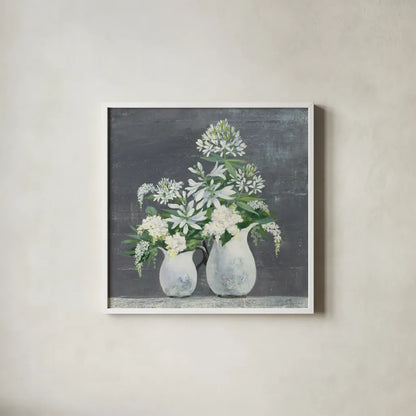Later Summer Bouquet III White Vase by Julia Purinton. Shown in a crisp white glass frame for a clean and minimalist style. Available as an archival giclee rolled canvas, fine art paper, or poster print. SKU 49537a.