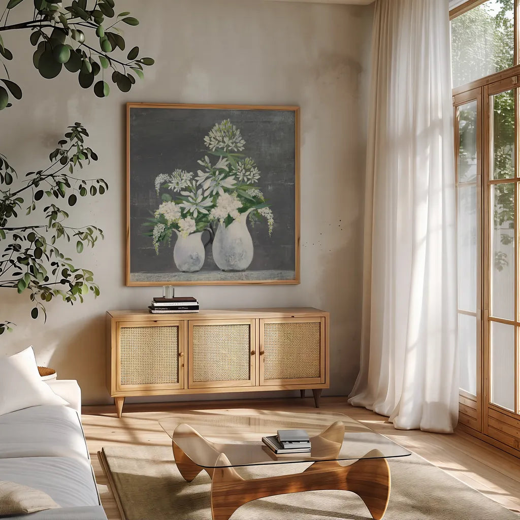 Later Summer Bouquet III White Vase by Julia Purinton. Shown in a natural wood frame in a cozy modern living room. Available as an archival giclee rolled canvas, fine art paper, or poster print. SKU 49537a.