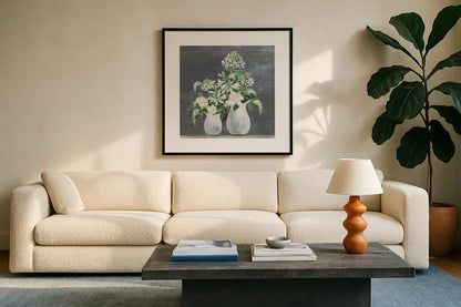 Later Summer Bouquet III White Vase by Julia Purinton. Displayed in a glass frame with matte in a clean modern living room. Available as an archival giclee rolled canvas, fine art paper, or poster print. SKU 49537a.