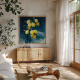 Lemon Grove I by Julia Purinton. Shown in a natural wood frame in a cozy modern living room. Available as an archival giclee rolled canvas, fine art paper, or poster print. SKU 61589a.