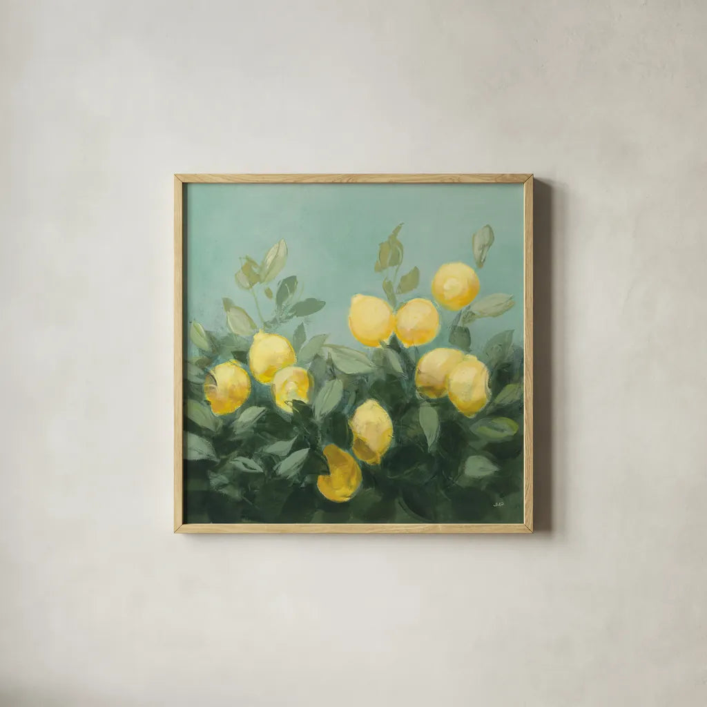 Lemon Grove I by Julia Purinton. Shown in a natural wood glass frame for a timeless modern aesthetic. Available as an archival giclee rolled canvas, fine art paper, or poster print. SKU 72075a.