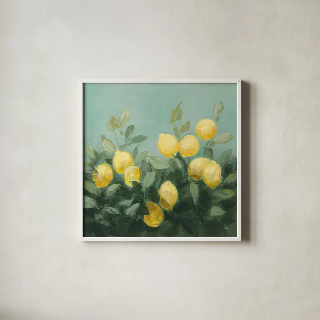 Lemon Grove I by Julia Purinton. Shown in a crisp white glass frame for a clean and minimalist style. Available as an archival giclee rolled canvas, fine art paper, or poster print. SKU 72075a.