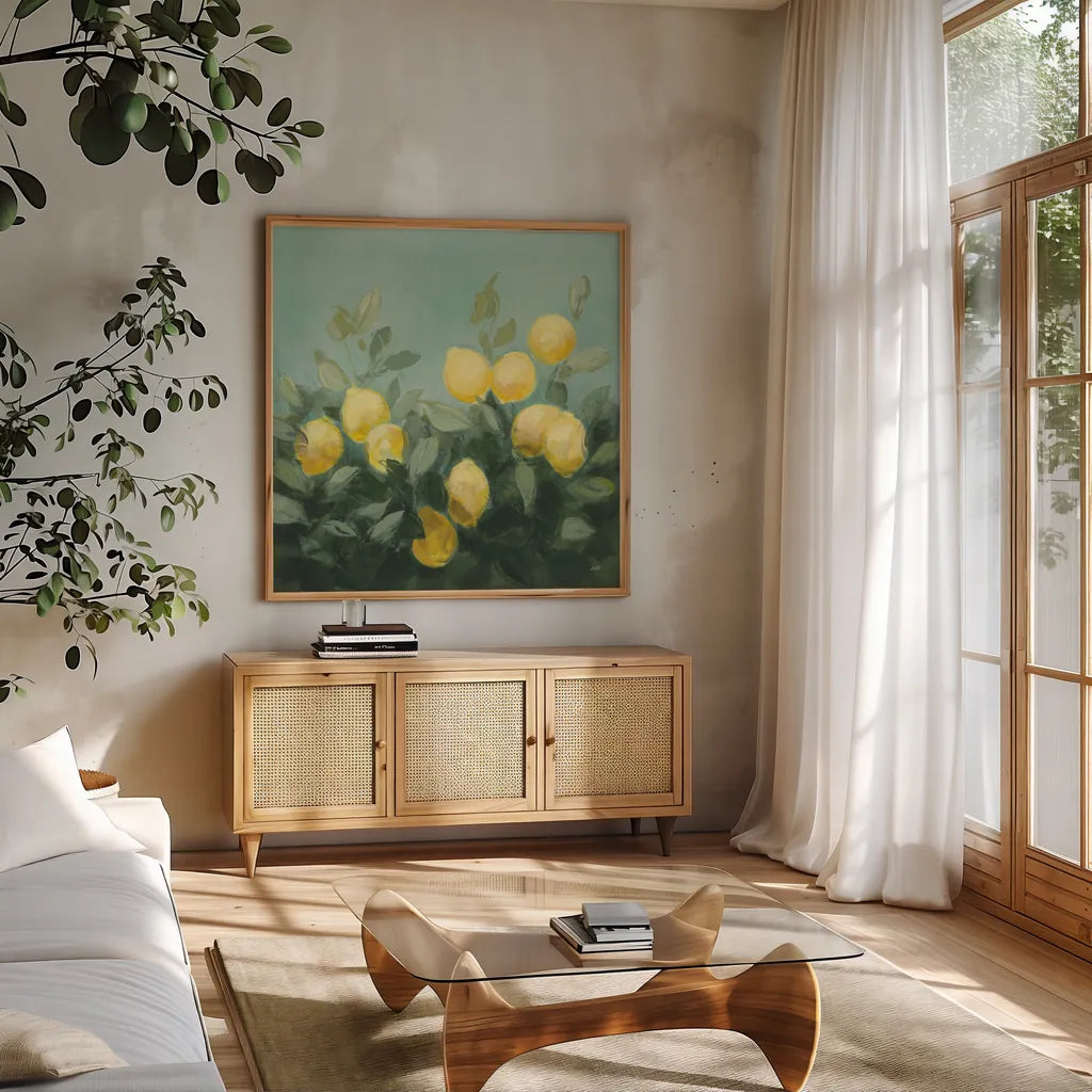 Lemon Grove I by Julia Purinton. Shown in a natural wood frame in a cozy modern living room. Available as an archival giclee rolled canvas, fine art paper, or poster print. SKU 72075a.