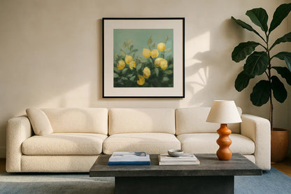 Lemon Grove I by Julia Purinton. Displayed in a glass frame with matte in a clean modern living room. Available as an archival giclee rolled canvas, fine art paper, or poster print. SKU 72075a.