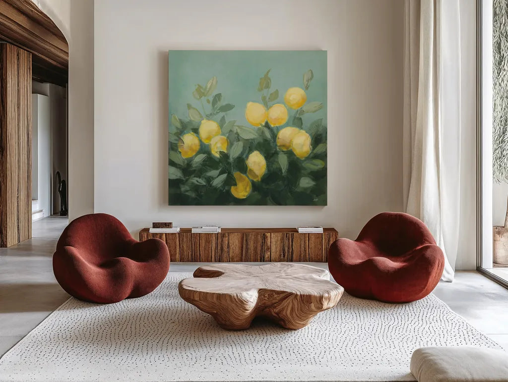 Lemon Grove I by Julia Purinton. Shown as extra-large giant wall art in a modern living room. Available as an archival giclee rolled canvas, fine art paper, or poster print. SKU 72075a.
