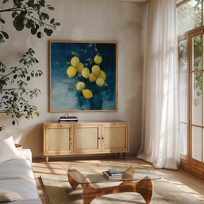 Lemon Grove II by Julia Purinton. Shown in a natural wood frame in a cozy modern living room. Available as an archival giclee rolled canvas, fine art paper, or poster print. SKU 61590a.