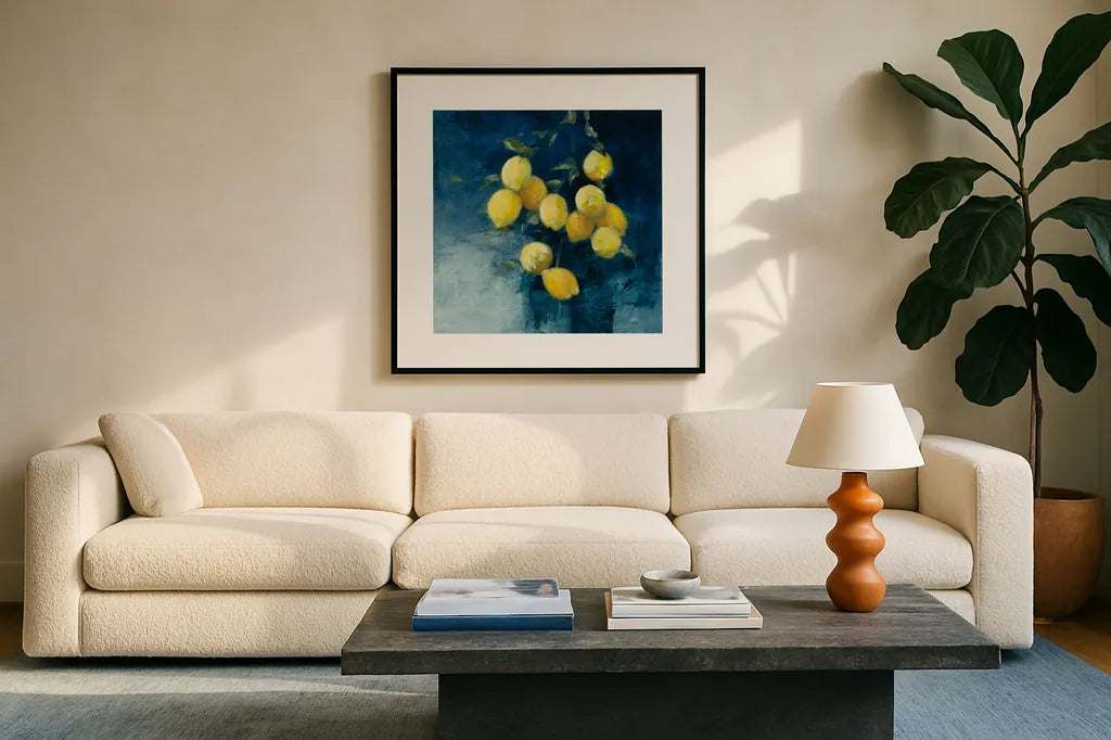 Lemon Grove II by Julia Purinton. Displayed in a glass frame with matte in a clean modern living room. Available as an archival giclee rolled canvas, fine art paper, or poster print. SKU 61590a.
