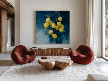 Lemon Grove II by Julia Purinton. Shown as extra-large giant wall art in a modern living room. Available as an archival giclee rolled canvas, fine art paper, or poster print. SKU 61590a.