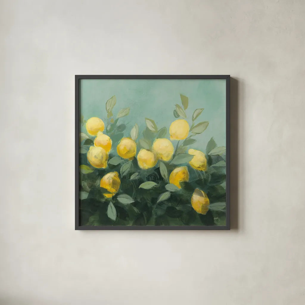 Lemon Grove II by Julia Purinton. Shown in a sleek black glass frame for a contemporary gallery look. Available as an archival giclee rolled canvas, fine art paper, or poster print. SKU 72076a.