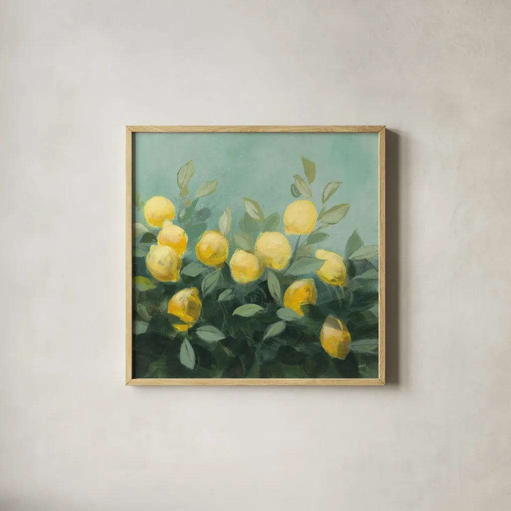 Lemon Grove II by Julia Purinton. Shown in a natural wood glass frame for a timeless modern aesthetic. Available as an archival giclee rolled canvas, fine art paper, or poster print. SKU 72076a.