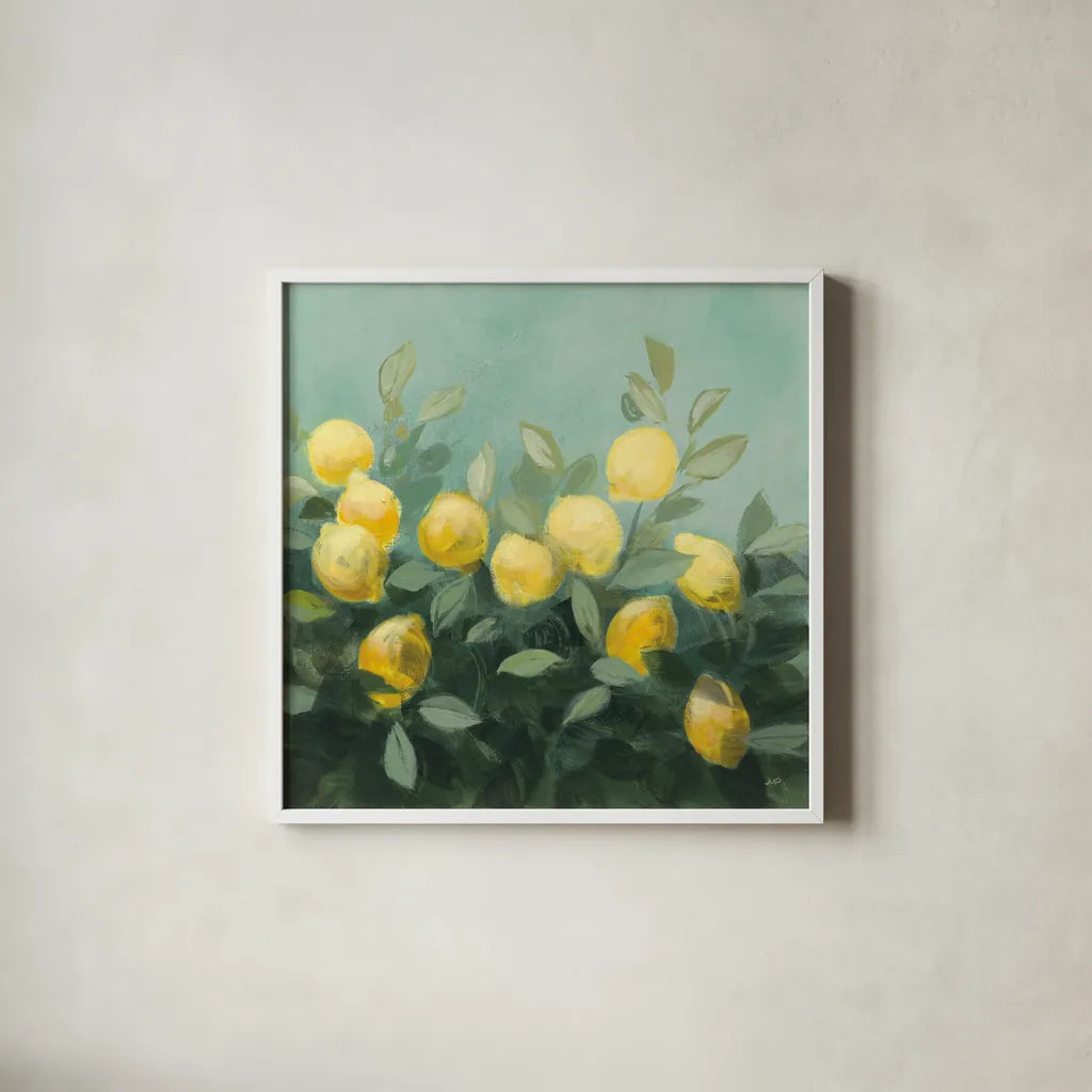 Lemon Grove II by Julia Purinton. Shown in a crisp white glass frame for a clean and minimalist style. Available as an archival giclee rolled canvas, fine art paper, or poster print. SKU 72076a.