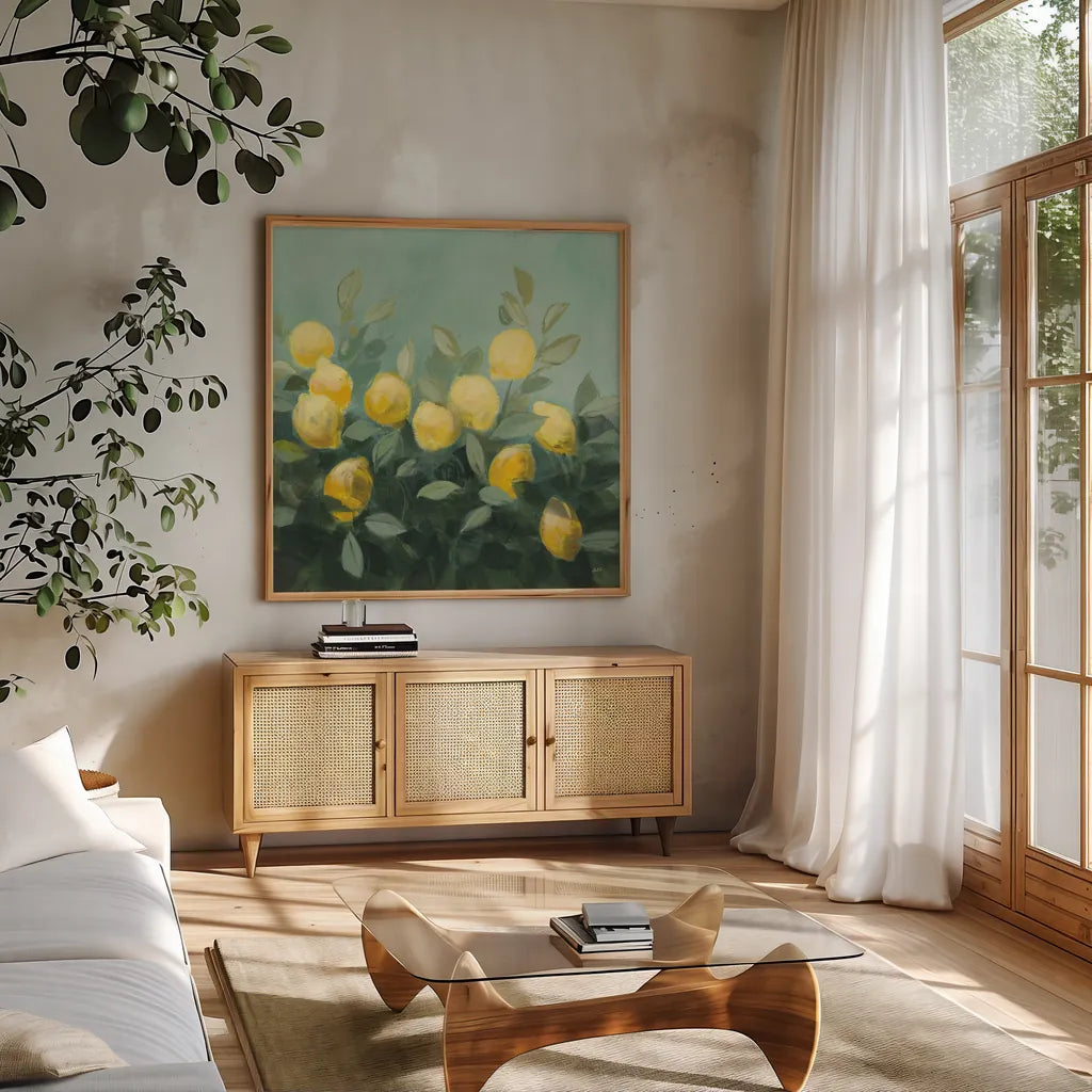 Lemon Grove II by Julia Purinton. Shown in a natural wood frame in a cozy modern living room. Available as an archival giclee rolled canvas, fine art paper, or poster print. SKU 72076a.