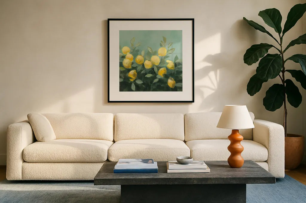 Lemon Grove II by Julia Purinton. Displayed in a glass frame with matte in a clean modern living room. Available as an archival giclee rolled canvas, fine art paper, or poster print. SKU 72076a.