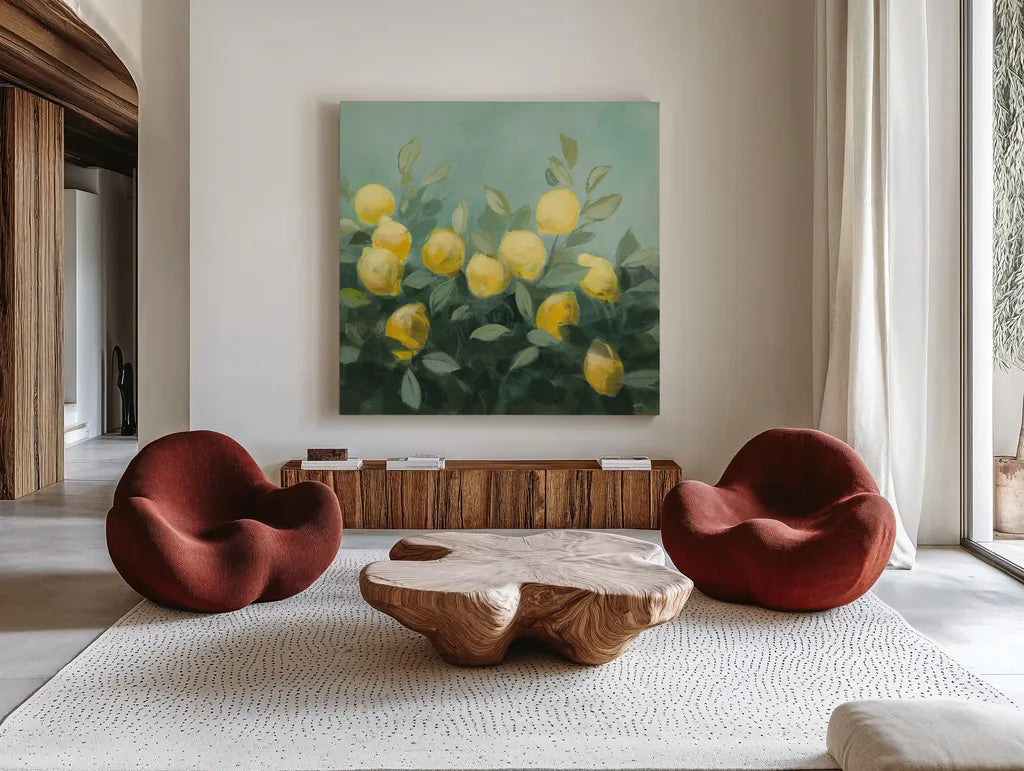 Lemon Grove II by Julia Purinton. Shown as extra-large giant wall art in a modern living room. Available as an archival giclee rolled canvas, fine art paper, or poster print. SKU 72076a.