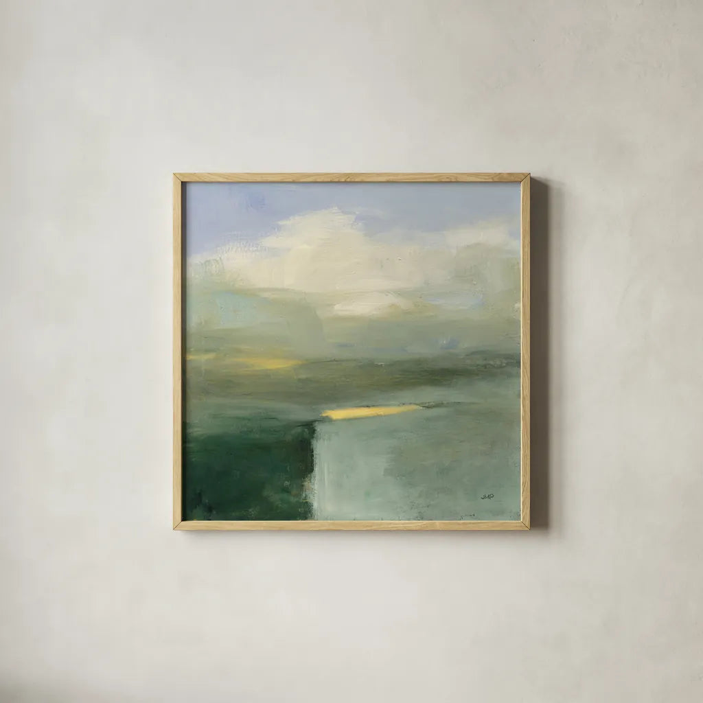 Light in the Valley by Julia Purinton. Shown in a natural wood glass frame for a timeless modern aesthetic. Available as an archival giclee rolled canvas, fine art paper, or poster print. SKU 68556a.