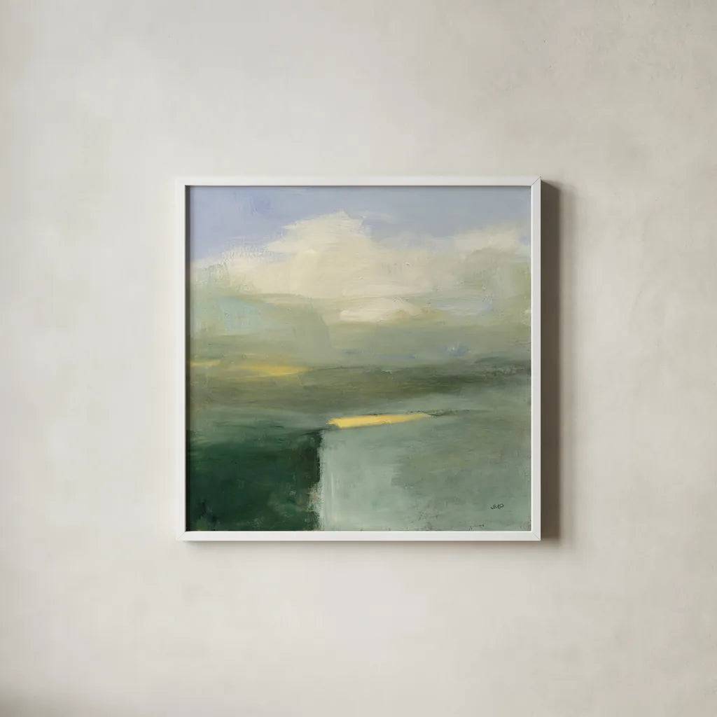 Light in the Valley by Julia Purinton. Shown in a crisp white glass frame for a clean and minimalist style. Available as an archival giclee rolled canvas, fine art paper, or poster print. SKU 68556a.