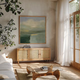 Light in the Valley by Julia Purinton. Shown in a natural wood frame in a cozy modern living room. Available as an archival giclee rolled canvas, fine art paper, or poster print. SKU 68556a.