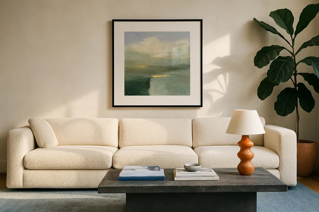 Light in the Valley by Julia Purinton. Displayed in a glass frame with matte in a clean modern living room. Available as an archival giclee rolled canvas, fine art paper, or poster print. SKU 68556a.