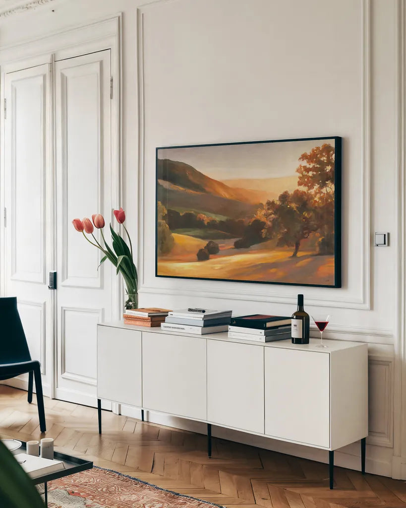 Lonesome Valley by Julia Purinton. shown as a framed stretched canvas in a living room above a console. Available as a archival giclee rolled canvas, fine art paper, or poster print. SKU 5890i.