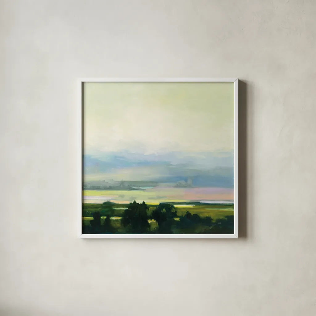 Looking Out I by Julia Purinton. Shown in a crisp white glass frame for a clean and minimalist style. Available as an archival giclee rolled canvas, fine art paper, or poster print. SKU 59961a.