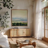 Looking Out I by Julia Purinton. Shown in a natural wood frame in a cozy modern living room. Available as an archival giclee rolled canvas, fine art paper, or poster print. SKU 59961a.