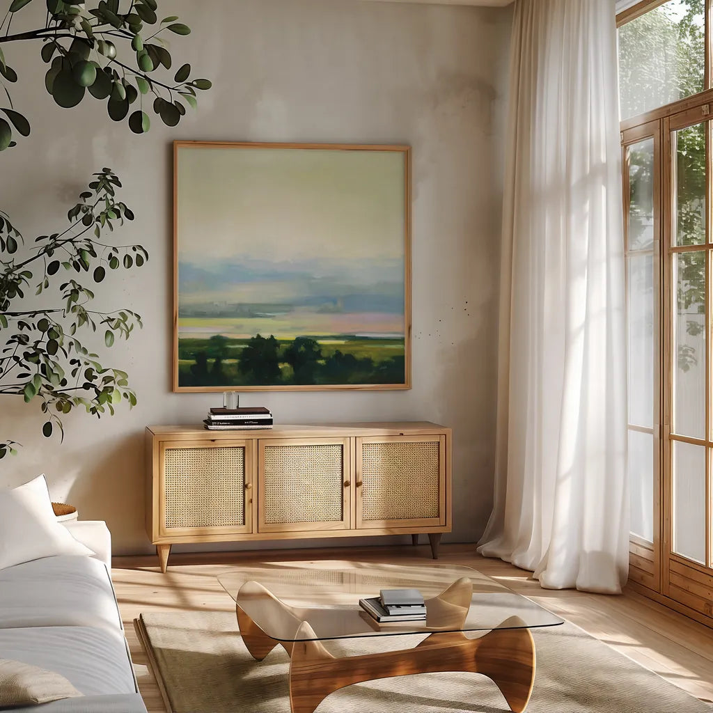 Looking Out I by Julia Purinton. Shown in a natural wood frame in a cozy modern living room. Available as an archival giclee rolled canvas, fine art paper, or poster print. SKU 59961a.