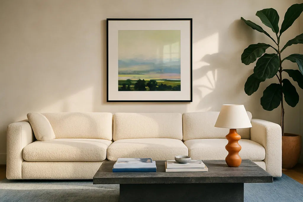 Looking Out I by Julia Purinton. Displayed in a glass frame with matte in a clean modern living room. Available as an archival giclee rolled canvas, fine art paper, or poster print. SKU 59961a.