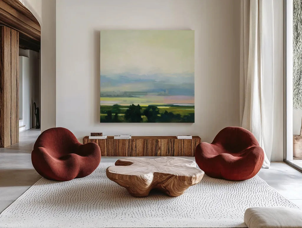 Looking Out I by Julia Purinton. Shown as extra-large giant wall art in a modern living room. Available as an archival giclee rolled canvas, fine art paper, or poster print. SKU 59961a.