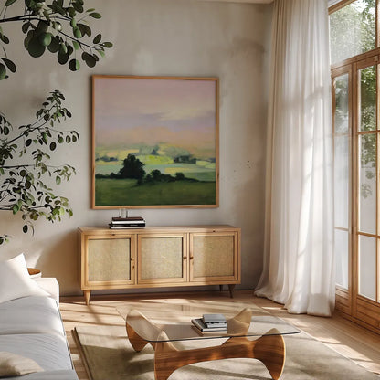 Looking Out II by Julia Purinton. Shown in a natural wood frame in a cozy modern living room. Available as an archival giclee rolled canvas, fine art paper, or poster print. SKU 59962a.