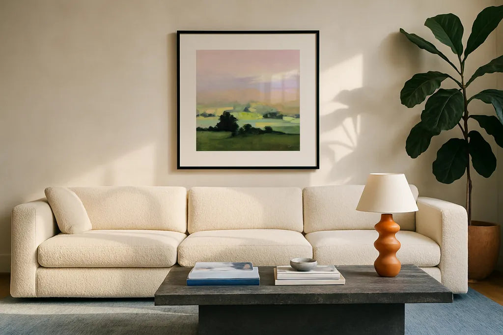 Looking Out II by Julia Purinton. Displayed in a glass frame with matte in a clean modern living room. Available as an archival giclee rolled canvas, fine art paper, or poster print. SKU 59962a.