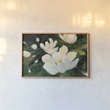 Magnolia Blooms Crop No Petal by Julia Purinton. shown as a paper print in a natural frame. Available as a archival giclee rolled canvas, fine art paper, or poster print. SKU 30923i.