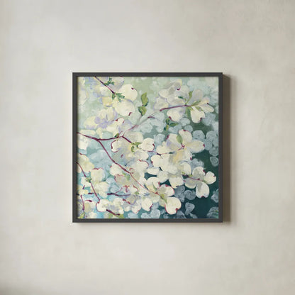Magnolia Delight by Julia Purinton. Shown in a sleek black glass frame for a contemporary gallery look. Available as an archival giclee rolled canvas, fine art paper, or poster print. SKU 17527a.