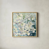 Magnolia Delight by Julia Purinton. Shown in a natural wood glass frame for a timeless modern aesthetic. Available as an archival giclee rolled canvas, fine art paper, or poster print. SKU 17527a.