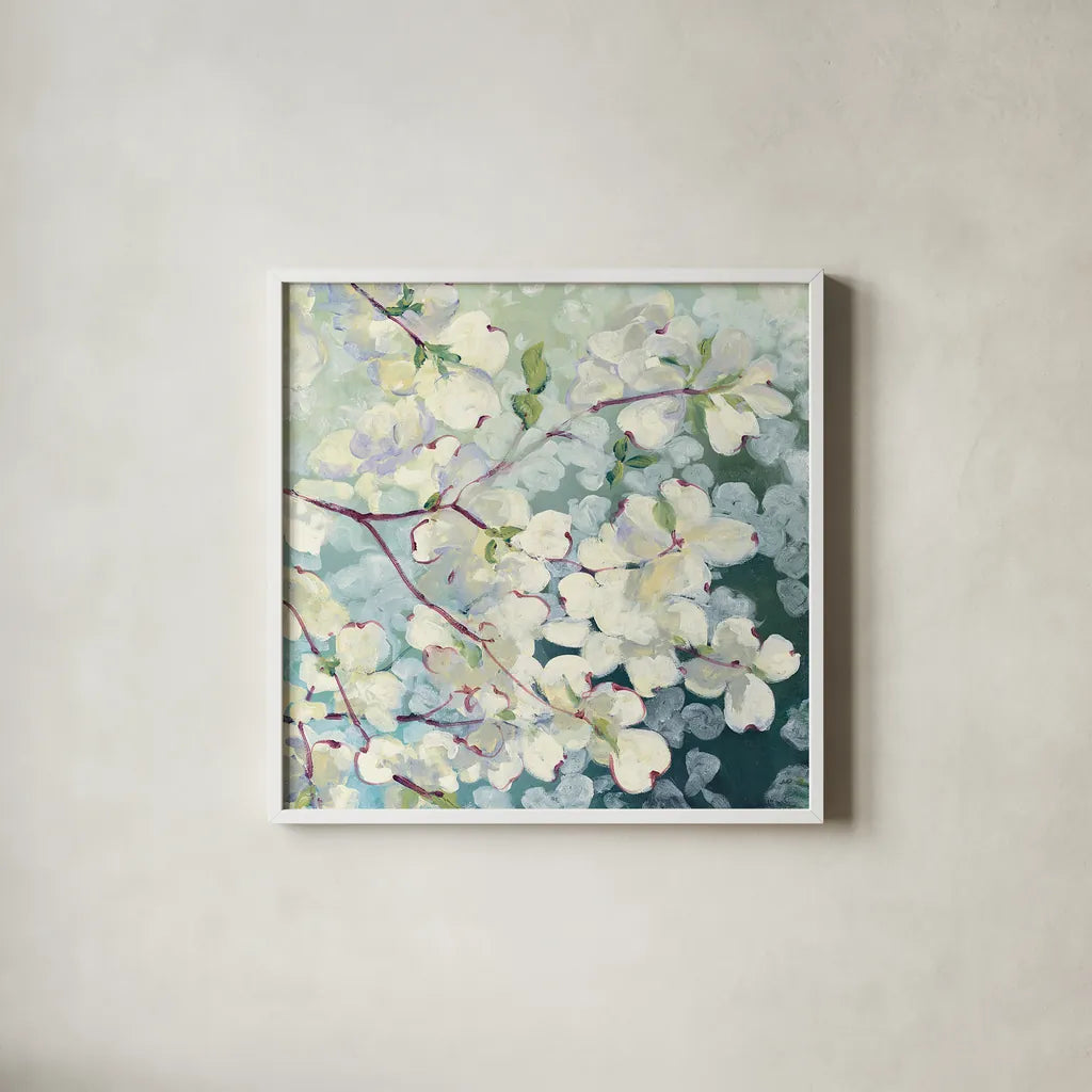 Magnolia Delight by Julia Purinton. Shown in a crisp white glass frame for a clean and minimalist style. Available as an archival giclee rolled canvas, fine art paper, or poster print. SKU 17527a.