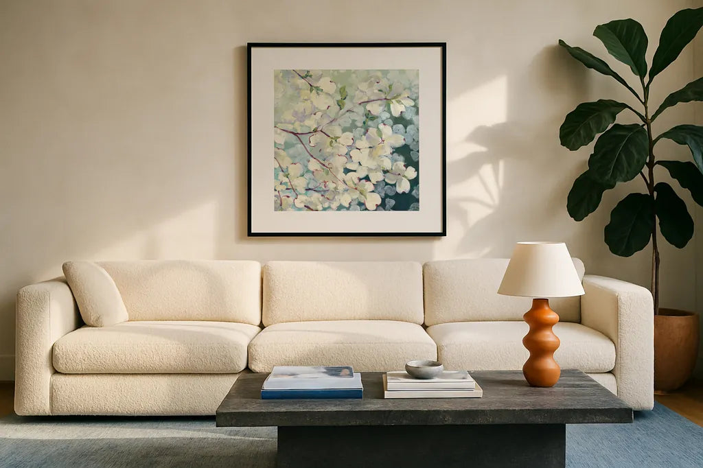 Magnolia Delight by Julia Purinton. Displayed in a glass frame with matte in a clean modern living room. Available as an archival giclee rolled canvas, fine art paper, or poster print. SKU 17527a.