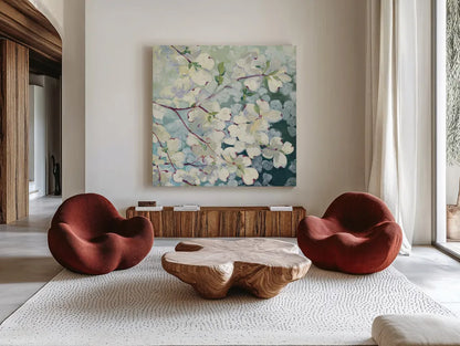 Magnolia Delight by Julia Purinton. Shown as extra-large giant wall art in a modern living room. Available as an archival giclee rolled canvas, fine art paper, or poster print. SKU 17527a.