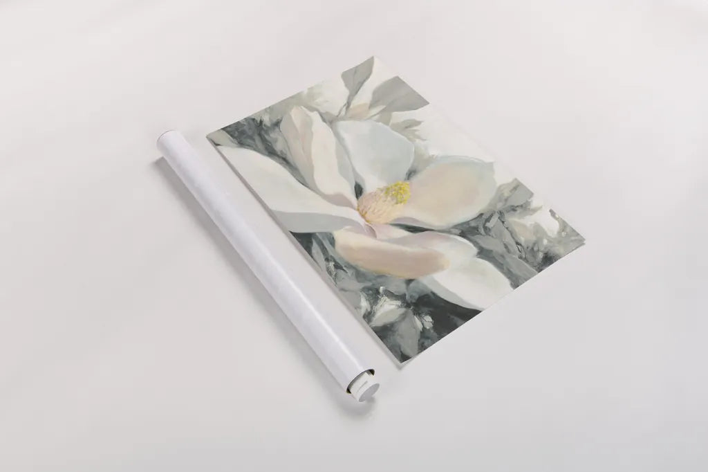 Majestic Magnolia Green Gray Crop by Julia Purinton. shown as a rolled paper print. Available as archival giclee rolled canvas, fine art paper, or poster print. SKU 37137i.