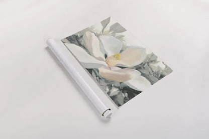 Majestic Magnolia Green Gray Crop by Julia Purinton. shown as a rolled paper print. Available as archival giclee rolled canvas, fine art paper, or poster print. SKU 37137i.