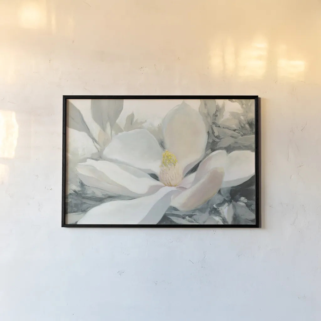 Majestic Magnolia Green Gray Crop by Julia Purinton. shown as a paper print in a black flame. Available as a archival giclee rolled canvas, fine art paper, or poster print. SKU 37137i.
