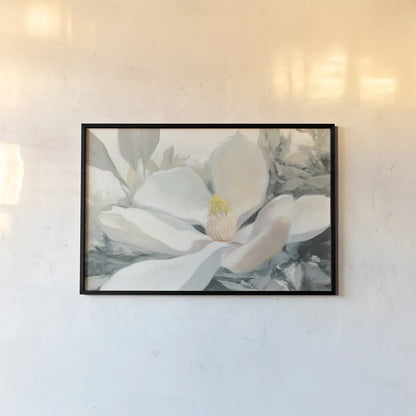 Majestic Magnolia Green Gray Crop by Julia Purinton. shown as a paper print in a black flame. Available as a archival giclee rolled canvas, fine art paper, or poster print. SKU 37137i.